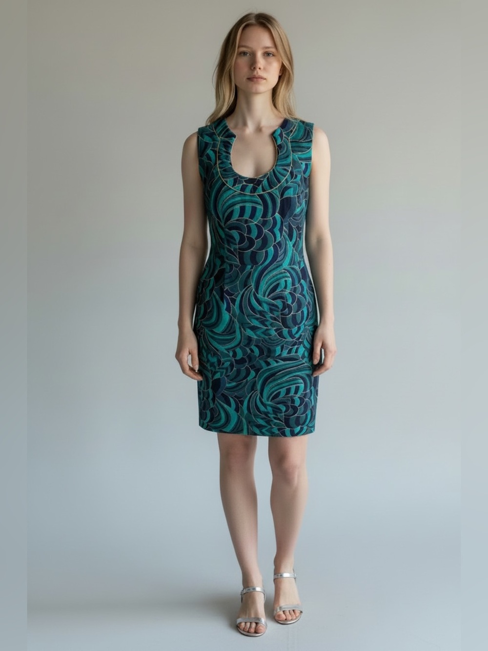Vintage Trina Turk Blue Lagoon Sleeveless Nash Dress, blue and navy, size 4